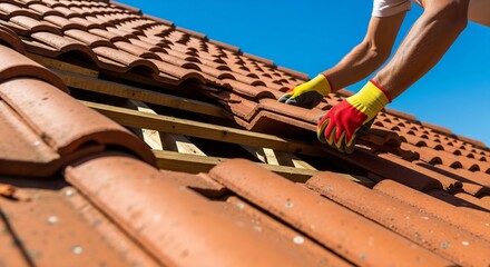 Roofer installing traditional clay tiles during construction or renovation against a blue sky.