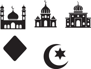 Mosque icons and Islamic crescent star symbol, flat design vector illustration