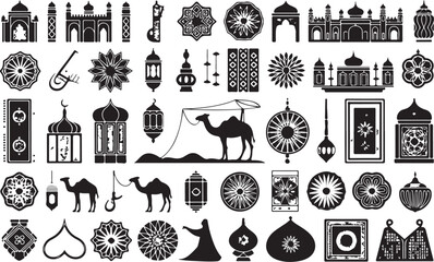 Islamic Culture Icons Collection: Mosques, Camels, Lanterns & Ornaments Vector Illustration