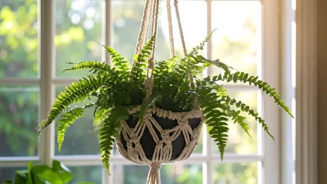 A vibrant fern plant in a macrame hanger, illuminated by natural sunlight near a window.