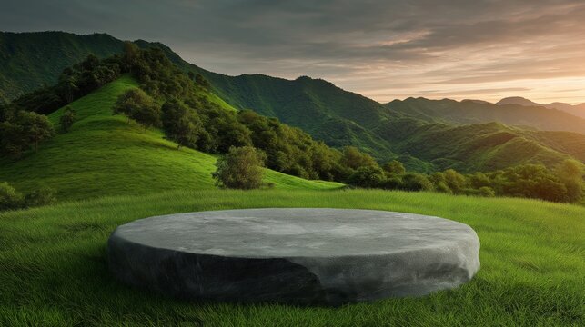 A large stone is sitting on a grassy hillside