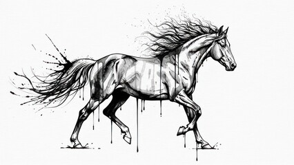 Galloping horse, artistic black and white illustration with copy space