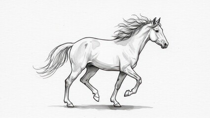 Running horse illustration, white horse with flowing mane on isolated background