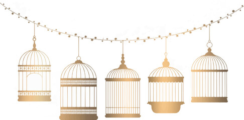 Vintage golden birdcage illustration featuring an orthodox cathedral dome with a cross symbol against a sky background, blending religious architecture and antique prison design in a gold vector