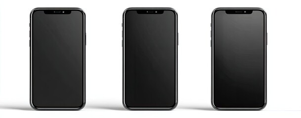 Three modern mobile devices in a row, with blank black screens against a white background