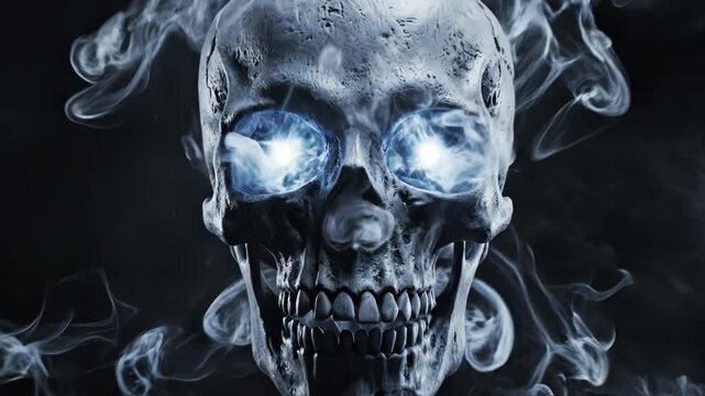 Glowing blue eyed skull surrounded by smoke on black background 4k video