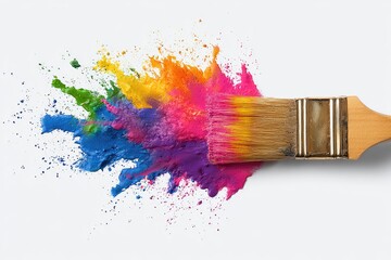Obraz premium Paintbrush in mid-stroke exploding with a vibrant rainbow of colors against white