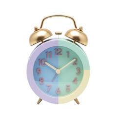 Colorful pastel alarm clock with gold bells on transparent background