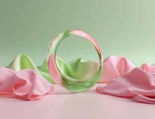 Clear, curved object with pink & green textiles; pastel colors & soft lighting