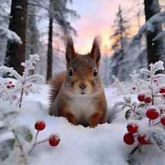 Obraz premium A Charming Red Squirrel with Bushy Ears Observes Its Snowy Forest Habitat Amidst Frosted Berries at Sunrise.