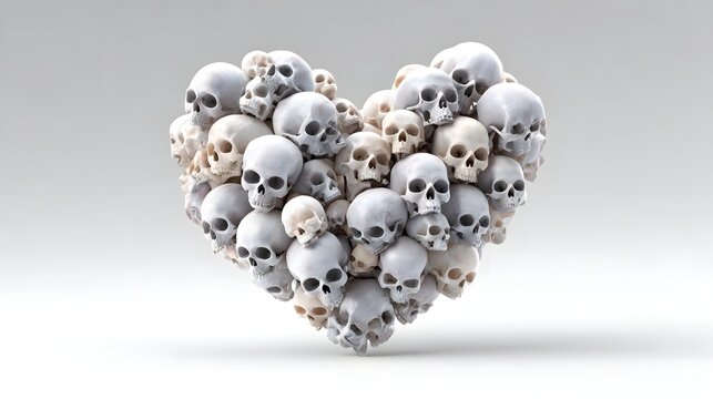 This striking graphic depicts a heart composed entirely of many white and grey skulls creating a abre yet symbolic representation of love death and mortality