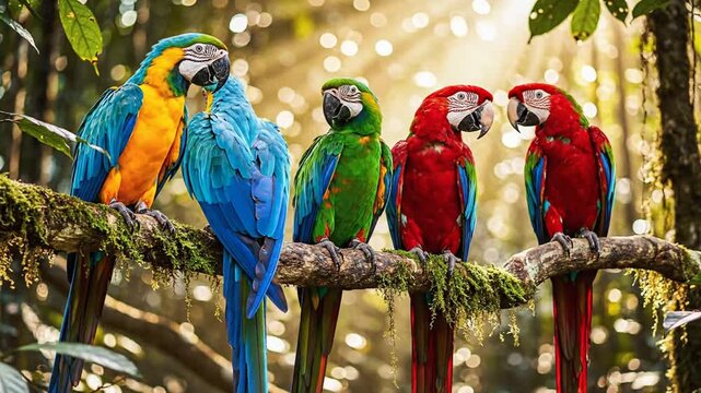 Colorful macaws perched on a mossy branch in a sunlit tropical forest, interacting with each other