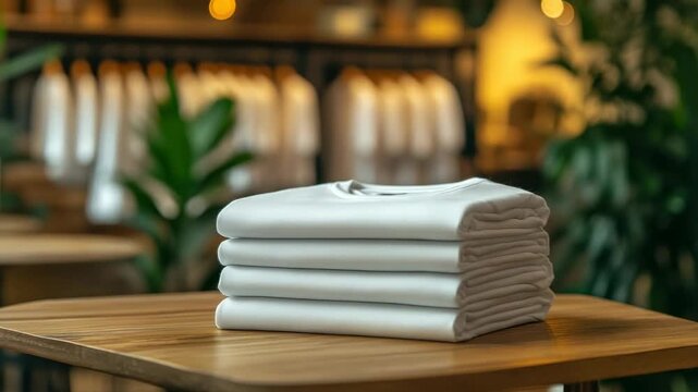 Clean white shirts stacked on a table in a clothing store showing simple display and organized layout