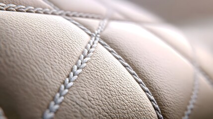 Fototapeta premium Detailed ro shot showcasing the fine grain and luxurious texture of quilted beige material accented by intricate braided stitching patterns for an elegant interior design