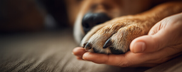 Close up of dog paw resting in palm, representing unconditional love, emotional support, animal friendship, pet wellness care