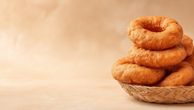 A basket overflows with golden, fried ring-shaped pastries, with a textured tan backdrop