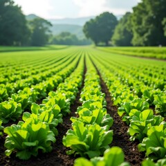A field of lettuce growing in neat rows.