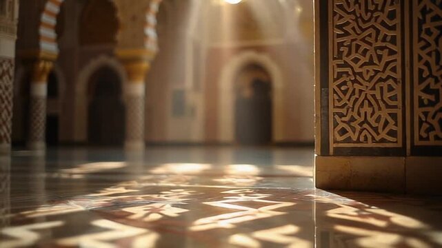 Sunlight Filtering Through Arches in Ornate Middle Eastern Architecture Interior