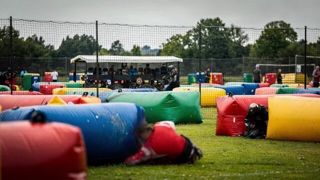 Inflatable paintball bunkers lined up in colorful patterns on a grassy field with a focused shot on a spectator zone marked with netting blurred field elements beyond.