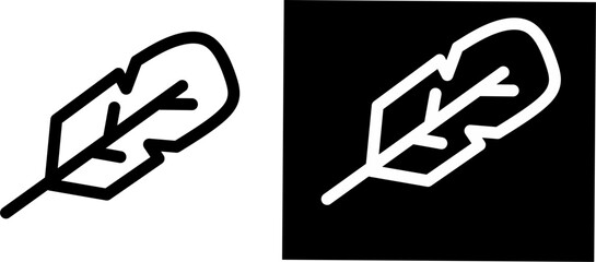 Minimal feather icon shown in black and white, positive and negative versions side by side, perfect for logos, writing, creativity, and design themes. © Akmalmm 