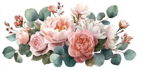 Watercolor illustration of a floral arrangement with roses, peonies, and eucalyptus leaves