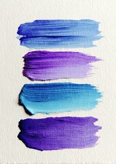 Four vertical brushstrokes of varying shades of blue and purple on textured white paper