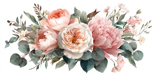 Watercolor floral arrangement with roses and peonies in soft pink, peach, and green hues