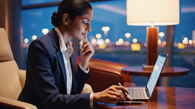 Cinematic slow motion footage of a sophisticated professional consultant working diligently within a premium luxury aircraft cabin environment for high-end corporate air travel services.