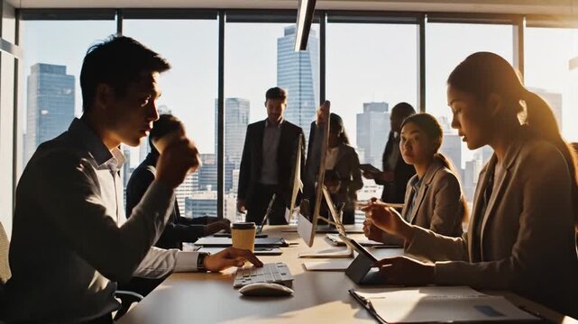 Cinematic slow motion view of busy corporate office silhouettes against a metropolitan cityscape window at dusk, professional workers communicating in a modern skyscraper workspace.