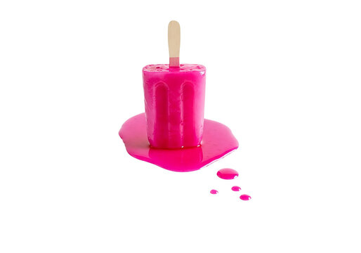 A spilled pink popsicle with melted remnants on a white surface isolated on transparent background