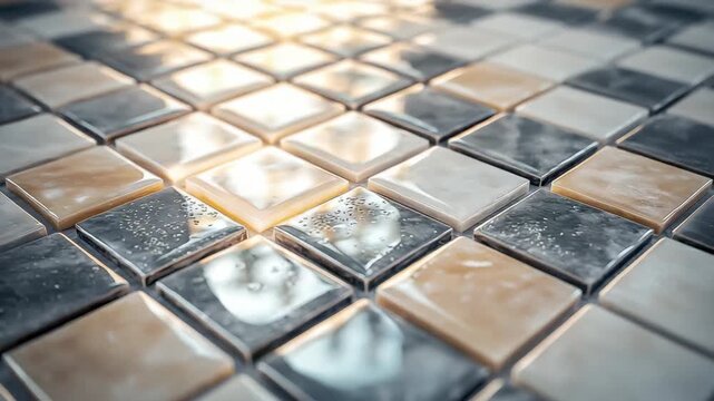 Close look at tile patterns with reflections and water droplets in a bright space during the day