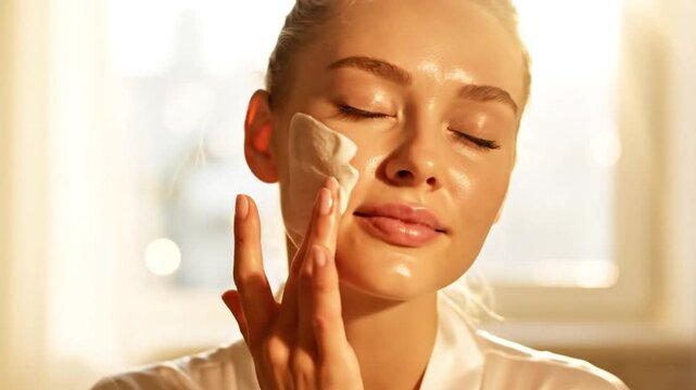 Cinematic close-up of female hand gently applying hydrating SPF moisturizing sunscreen lotion to sun-kissed skin during sunny day for optimal ultraviolet protection and dermal health care.