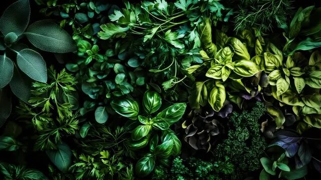 Explore different types of green leaves in a close-up view of herbs and plants arranged naturally in a seamless pattern