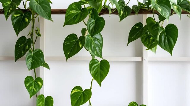 Close-up of a vibrant green pothos plant with heart-shaped leaves, climbing on a white trellis against a clean background.