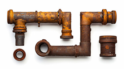 Rustic metal pipes and fittings arranged on a white surface with visible corrosion and wear.