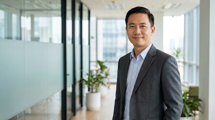 Fototapeta premium Asian man stands in office space with plants during daytime while dressed in business attire showcasing professionalism in workplace setting