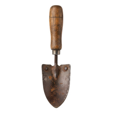 Rusty garden trowel with wooden handle