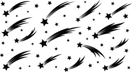 Set of shooting star and comet silhouette illustrations, night sky celestial elements collection for decoration, background, and space themed design © Sujoy
