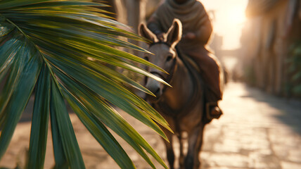 Palm Sunday. Jesus Christ rides a donkey into Jerusalem against a background of green palm leaves.