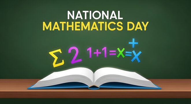 Celebrating national mathematics day with an open book and colorful equations