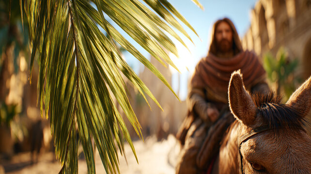 Palm Sunday. Jesus Christ rides a donkey into Jerusalem against a background of green palm leaves.