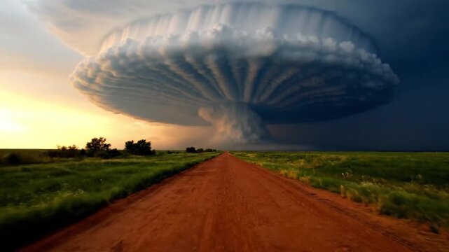 A dramatic supercell thunderstorm cloud looms over a straight dirt road through green fields, illustrating nature's immense power and awe-inspiring spectacle in a rural landscape