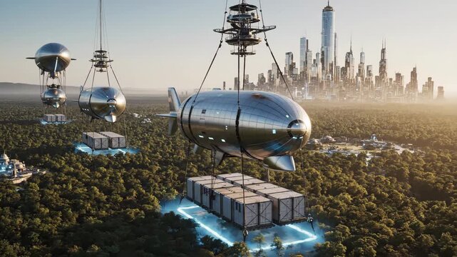 Cargo airships above forests and city. Large futuristic airships transport cargo containers while gliding slowly above dense forests that transition into a distant city.