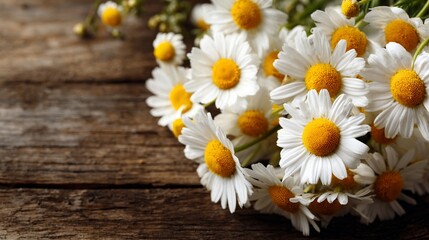 Obraz premium Delicate white chamomile flowers with bright yellow centers scattered on rustic weathered wooden surface, creating a soft and natural botanical composition