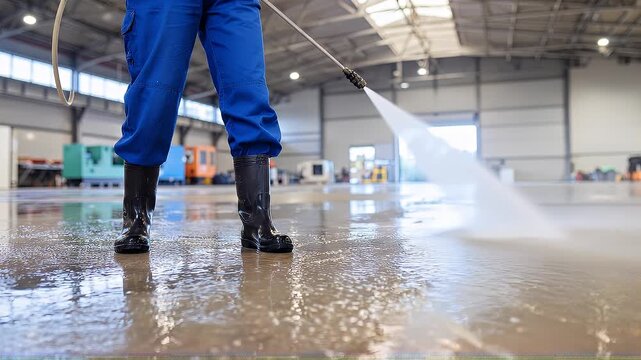 Worker cleaning large industrial warehouse floor with high pressure water spray in protective boots and blue uniform