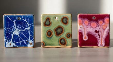 Trio of Artistic Glazed Ceramic Test Tiles with Reactive Crystalline Patterns