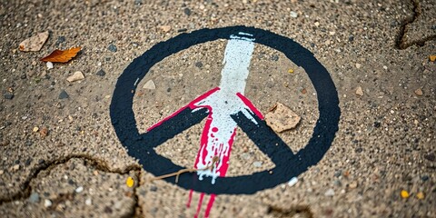 Close-up of a painted peace symbol on a textured surface,   background,   black and white