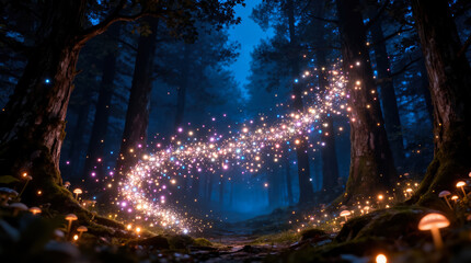 Enchanted Night Forest with Swirling Fairy Lights, Glowing Mushrooms and a Hidden Magical Realm