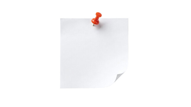 Blank white note paper pinned with a red push pin and curled corner, isolated on transparent background