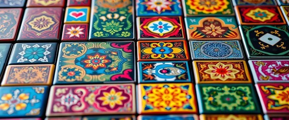 Fototapeta premium Close-up of colorful square game tiles with intricate designs, tiles, design